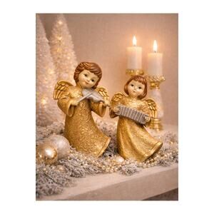 Vintage 50s 60s Choir Gold Angels Figurines Ceramic Christmas Decor - Set Of 2